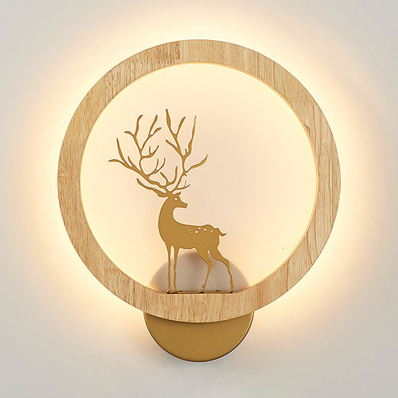 Frendorf | Houten Halo Ring Muurverlichting Hedendaags Zwart/Beige LED Wandlamp met Sika Hert Silhouet