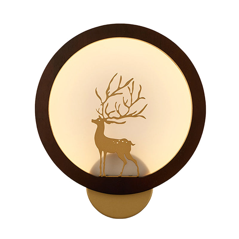 Frendorf | Houten Halo Ring Muurverlichting Hedendaags Zwart/Beige LED Wandlamp met Sika Hert Silhouet