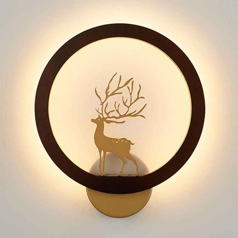 Frendorf | Houten Halo Ring Muurverlichting Hedendaags Zwart/Beige LED Wandlamp met Sika Hert Silhouet