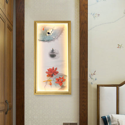 Frendorf | Chinesisches Tinte Dorf/ Lotus Wandlampe Stoff Familienzimmer LED Wandmontage Licht in Gold