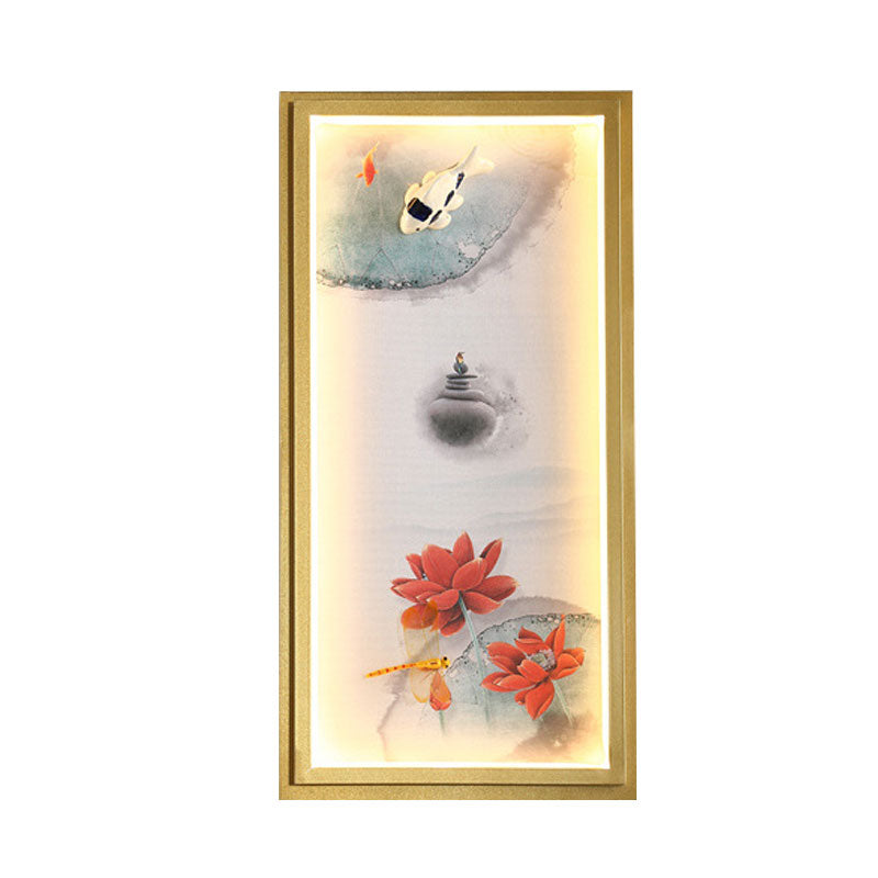 Frendorf | Chinesisches Tinte Dorf/ Lotus Wandlampe Stoff Familienzimmer LED Wandmontage Licht in Gold