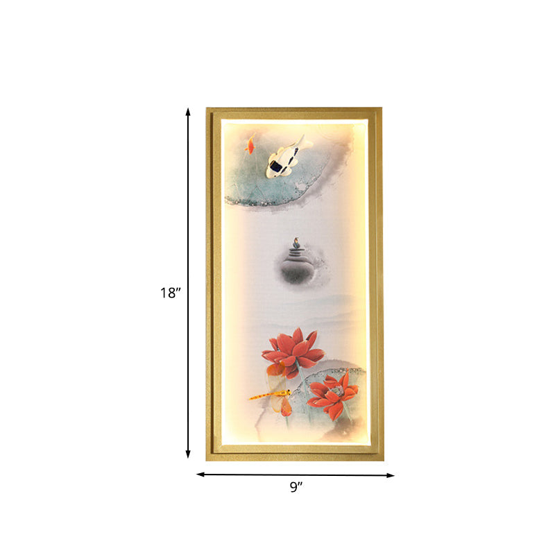 Frendorf | Chinesisches Tinte Dorf/ Lotus Wandlampe Stoff Familienzimmer LED Wandmontage Licht in Gold