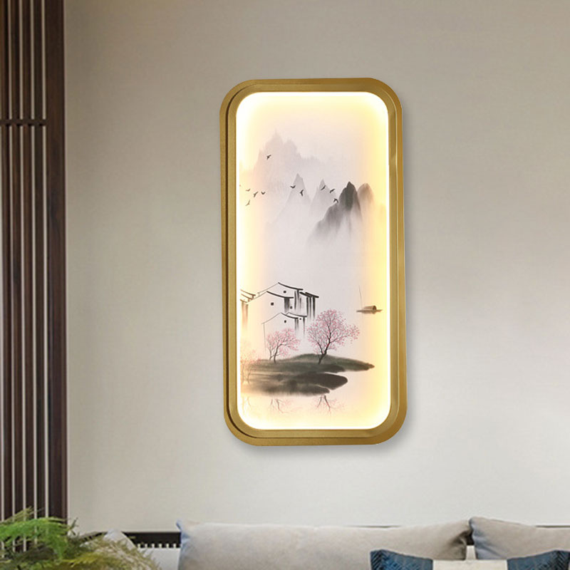 Frendorf | Chinesisches Tinte Dorf/ Lotus Wandlampe Stoff Familienzimmer LED Wandmontage Licht in Gold