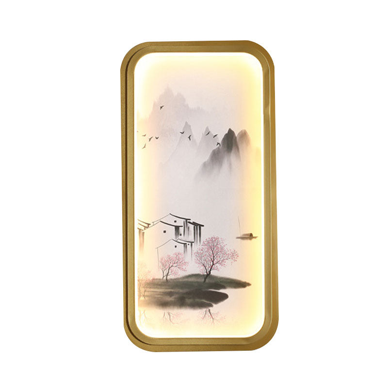 Frendorf | Chinesisches Tinte Dorf/ Lotus Wandlampe Stoff Familienzimmer LED Wandmontage Licht in Gold