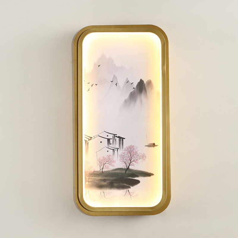 Frendorf | Chinesisches Tinte Dorf/ Lotus Wandlampe Stoff Familienzimmer LED Wandmontage Licht in Gold