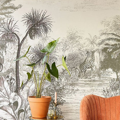 Frendorf | Eenvoudige Giraffe en Jungle Muurschildering voor Accentmuur, Op maat gemaakte Wandbekleding in Zacht Grijs