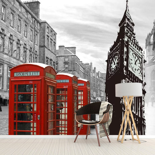 Frendorf | Benutzerdefinierte Fotografie Nordic Wandtapete für Café mit britischem Fotokabinen-Design in Rot und Grau