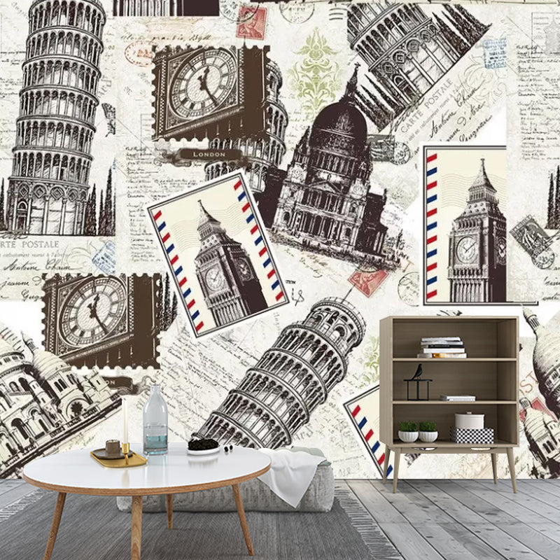 Frendorf | Groot Retro Muurbehang in Bruin Eiffeltoren en Big Ben Wanddecoratie, Op Maat Gemaakt