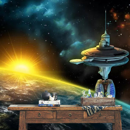 Frendorf | Simplicity Satelliet en Planeet Muurschildering in Blauw en Geel Plafond Wandbedekking, Gepersonaliseerde Grootte Beschikbaar