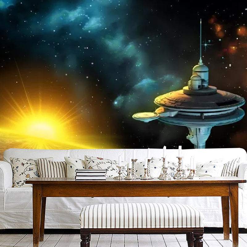Frendorf | Simplicity Satelliet en Planeet Muurschildering in Blauw en Geel Plafond Wandbedekking, Gepersonaliseerde Grootte Beschikbaar