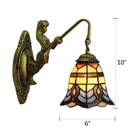 Frendorf | Bell Glas-in-lood Wandlamp Barok 1 Hoofd 6"/8" Breed Brons Muur Gemonteerde Lamp met Zeemeermin Achterplaat