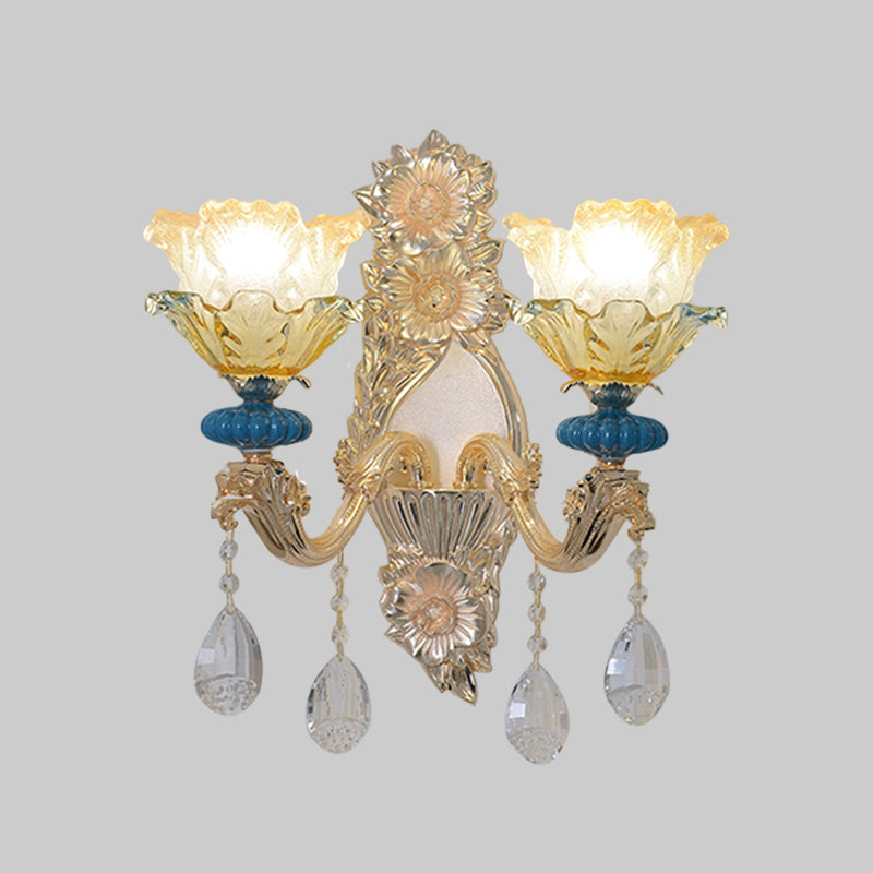 Frendorf | 1/2-Bulb Bloemen Wandlamp Armatuur Traditionele Gouden Afwerking Kristal Wandgemonteerde Verlichting