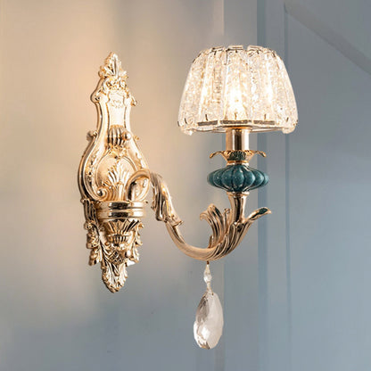 Frendorf | Gold Kleine Trommel Wandmontage Verlichting Traditionelle Geätzte Kristall 1/2-Birne Schlafzimmer Wandlampenarmatur