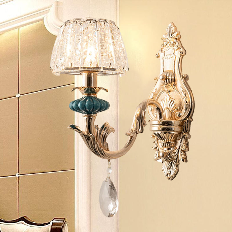 Frendorf | Gold Kleine Trommel Wandmontage Verlichting Traditionelle Geätzte Kristall 1/2-Birne Schlafzimmer Wandlampenarmatur