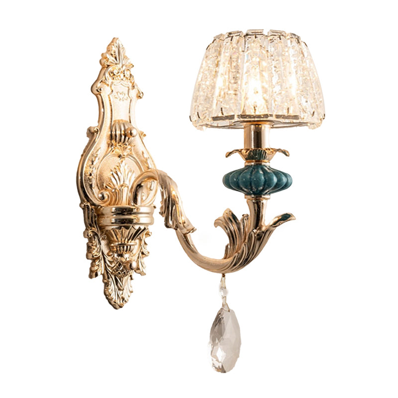 Frendorf | Gold Kleine Trommel Wandmontage Verlichting Traditionelle Geätzte Kristall 1/2-Birne Schlafzimmer Wandlampenarmatur