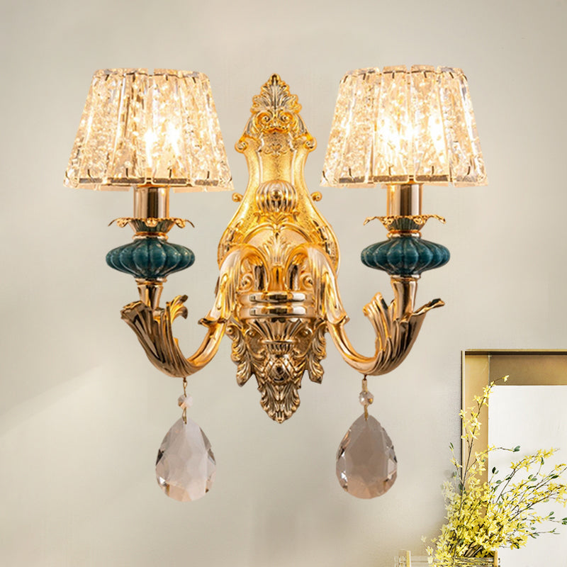 Frendorf | Gold Kleine Trommel Wandmontage Verlichting Traditionelle Geätzte Kristall 1/2-Birne Schlafzimmer Wandlampenarmatur