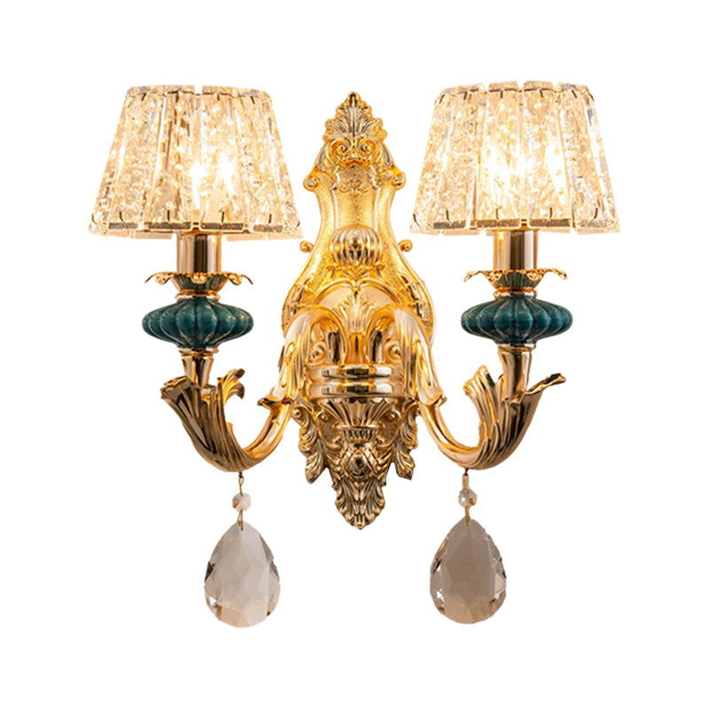 Frendorf | Gold Kleine Trommel Wandmontage Verlichting Traditionelle Geätzte Kristall 1/2-Birne Schlafzimmer Wandlampenarmatur