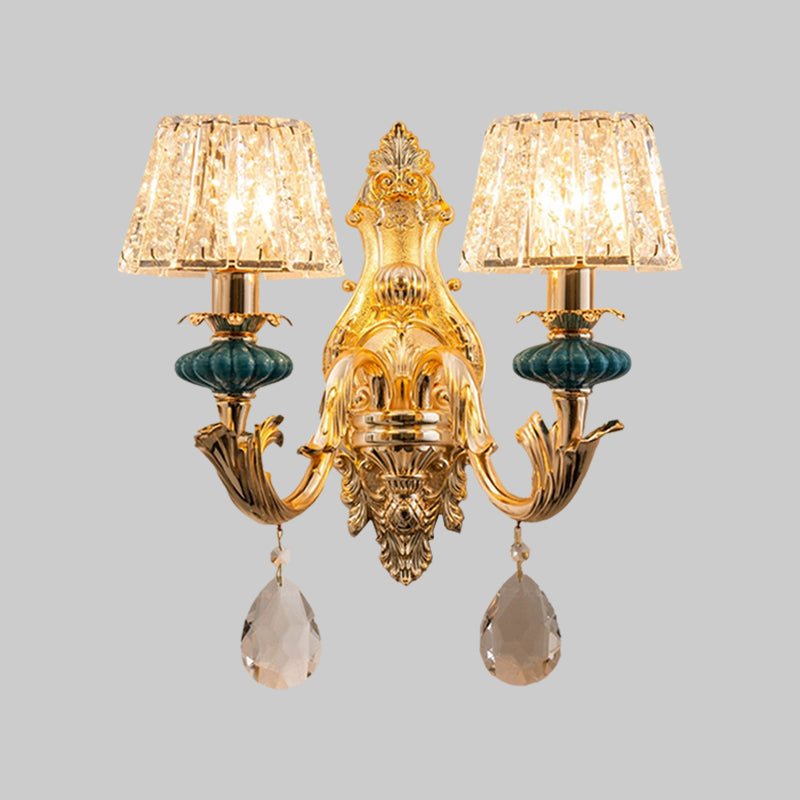 Frendorf | Gold Kleine Trommel Wandmontage Verlichting Traditionelle Geätzte Kristall 1/2-Birne Schlafzimmer Wandlampenarmatur