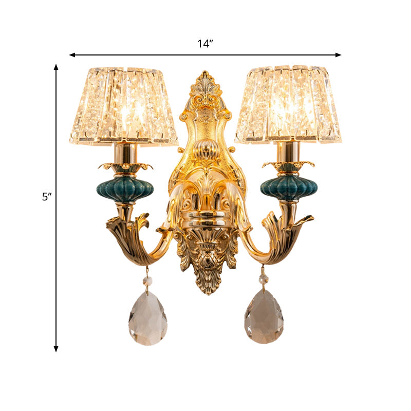 Frendorf | Gold Kleine Trommel Wandmontage Verlichting Traditionelle Geätzte Kristall 1/2-Birne Schlafzimmer Wandlampenarmatur