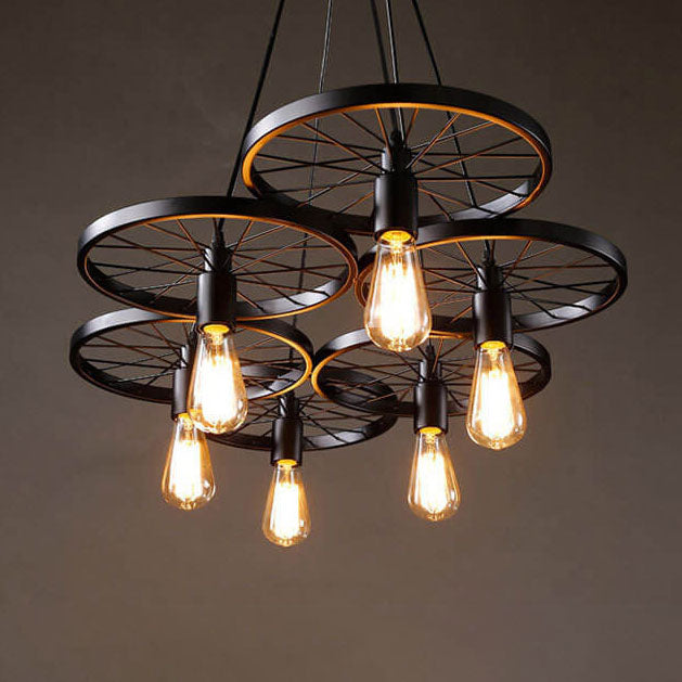 Frendorf | Rustiron Kronleuchter | Industrielles Design mit Eisenrädern | 1/3/6-flammig | Loft- und Wohnraum-Beleuchtung