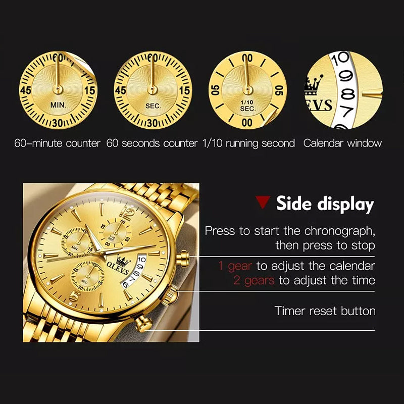 Frendorf | Luxus Gold Drei-Augen Chronograph Zifferblatt Automatische Mechanische Uhr