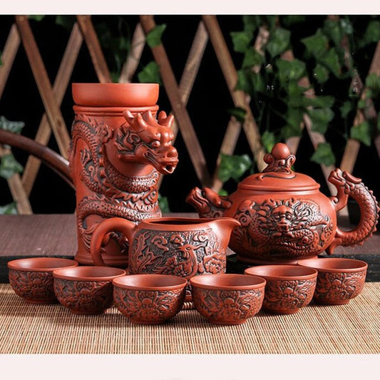 Frendorf | 10 Stück Handgemachte Chinesische Drachen Design Teekanne Set