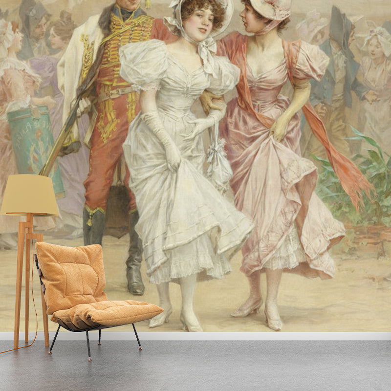 Frendorf | Braun Vintage Wandverkleidung Personalisierte Größe Dame und Offizier Wandmural für Kamin