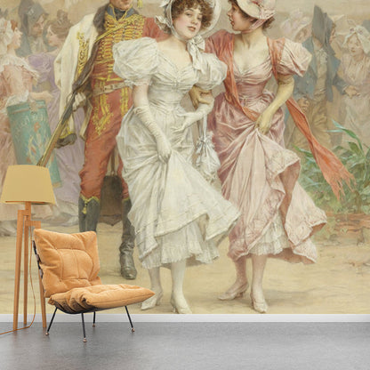 Frendorf | Braun Vintage Wandverkleidung Personalisierte Größe Dame und Offizier Wandmural für Kamin