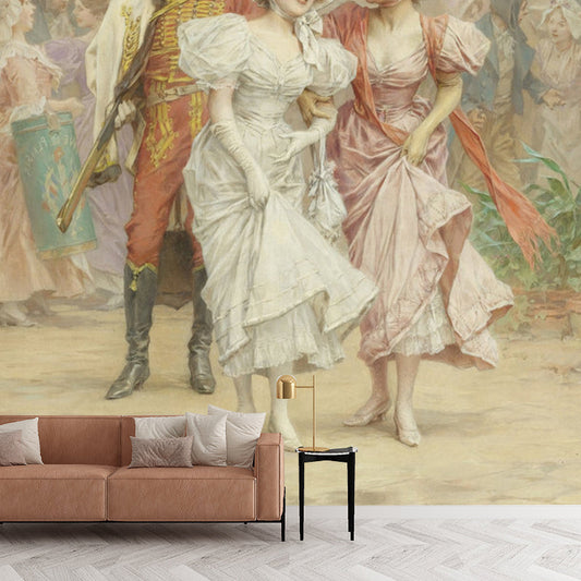 Frendorf | Braun Vintage Wandverkleidung Personalisierte Größe Dame und Offizier Wandmural für Kamin