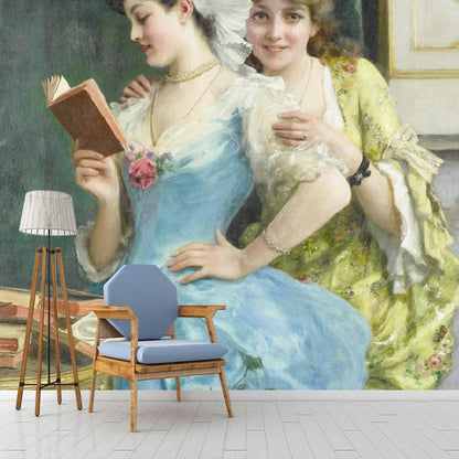 Frendorf | Blaue und gelbe Mid-Century Wandtapete maßgeschneiderte Damen Wanddekoration für den Kamin