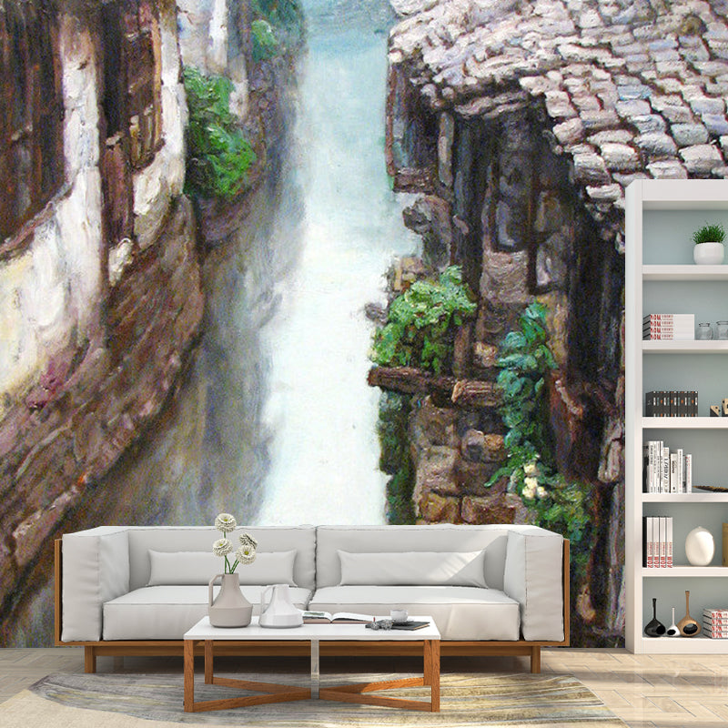 Frendorf | Grote Illustratie Traditionele Muur Wallpaper voor Woonkamer met Vredevolle Stad Ontwerp in Grijs en Groen