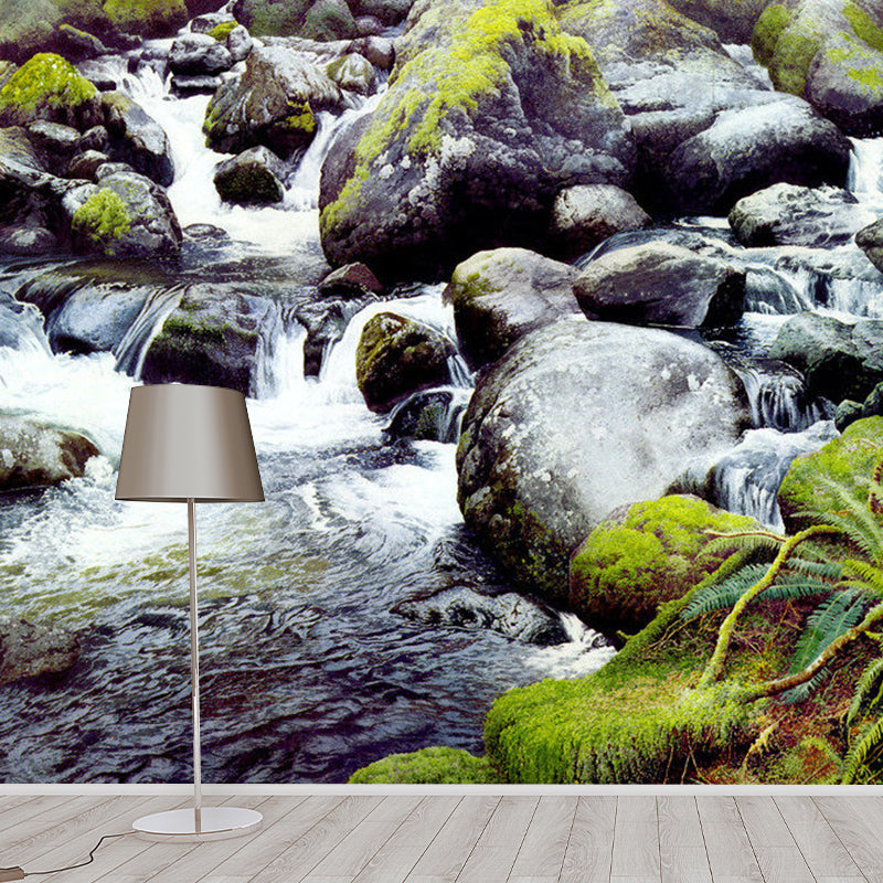 Wasser und Stein Wandtapete für die Wohnkultur, Grau und Grün, Personalisierte Größe verfügbar