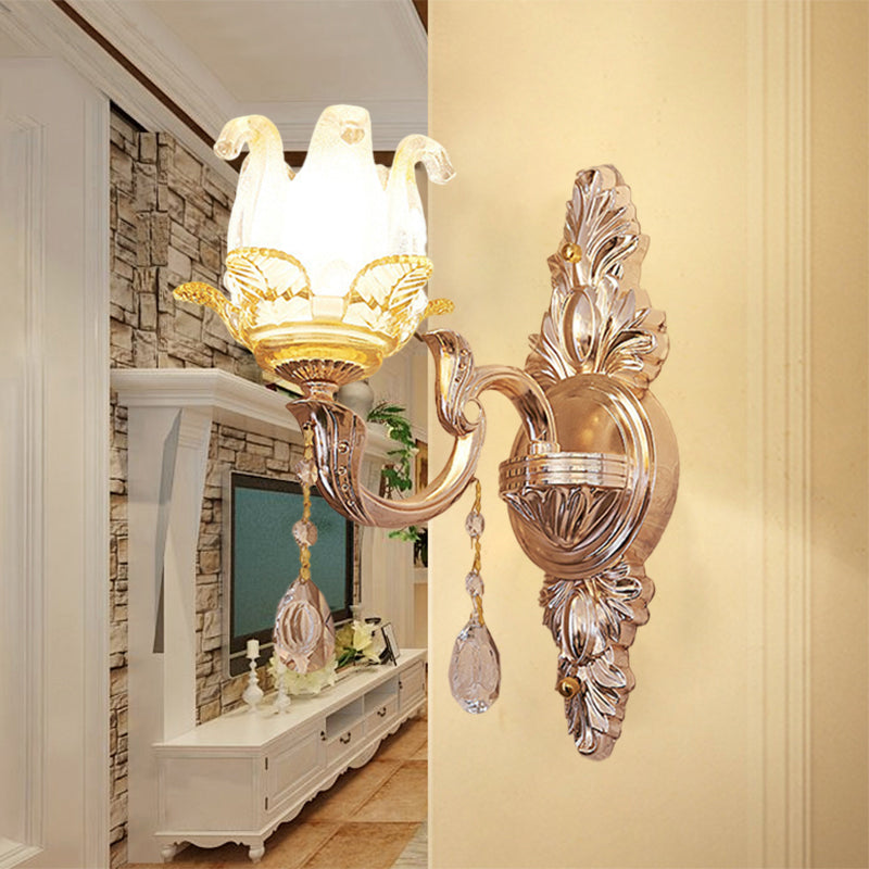 Florale Schlafzimmerscone Lichtarmatur Traditionelle Einzelne Kristallglas Wandbeleuchtung Idee in Gold