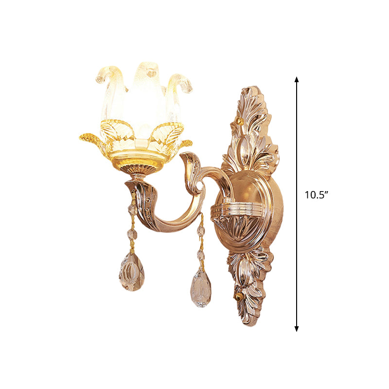 Florale Schlafzimmerscone Lichtarmatur Traditionelle Einzelne Kristallglas Wandbeleuchtung Idee in Gold
