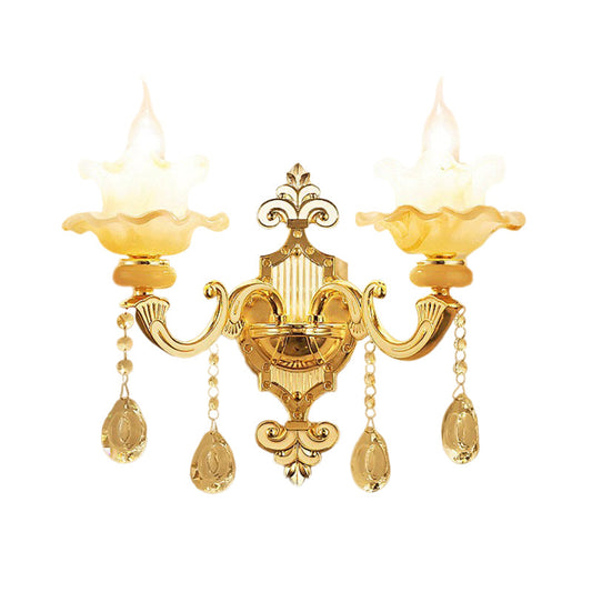 Frendorf | 2 Glühbirnen Wandmontage Beleuchtung Mid-Century Kerzenstil Kristallglas Wandleuchte in Gold