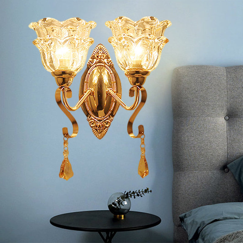 Frendorf | Gouden 2 Lichten Wandlamp Fixture Traditioneel Helder Kristal Glas Bloem Lampenkap Wandverlichting