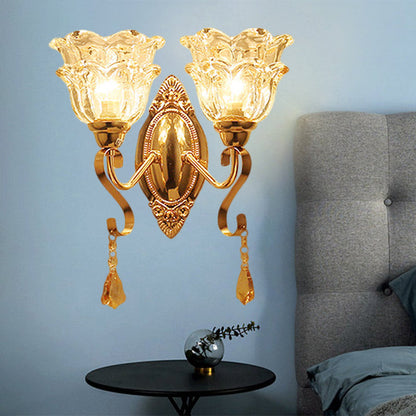 Frendorf | Gouden 2 Lichten Wandlamp Fixture Traditioneel Helder Kristal Glas Bloem Lampenkap Wandverlichting