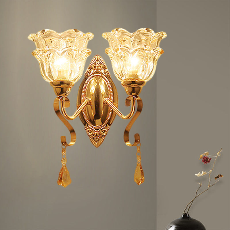 Frendorf | Gouden 2 Lichten Wandlamp Fixture Traditioneel Helder Kristal Glas Bloem Lampenkap Wandverlichting