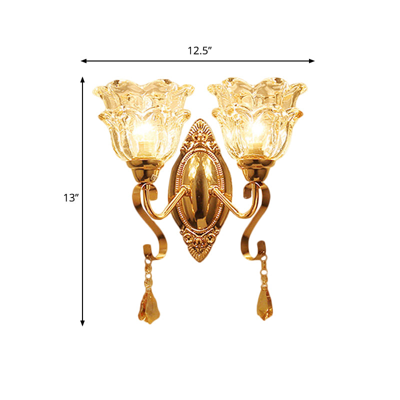 Frendorf | Gouden 2 Lichten Wandlamp Fixture Traditioneel Helder Kristal Glas Bloem Lampenkap Wandverlichting