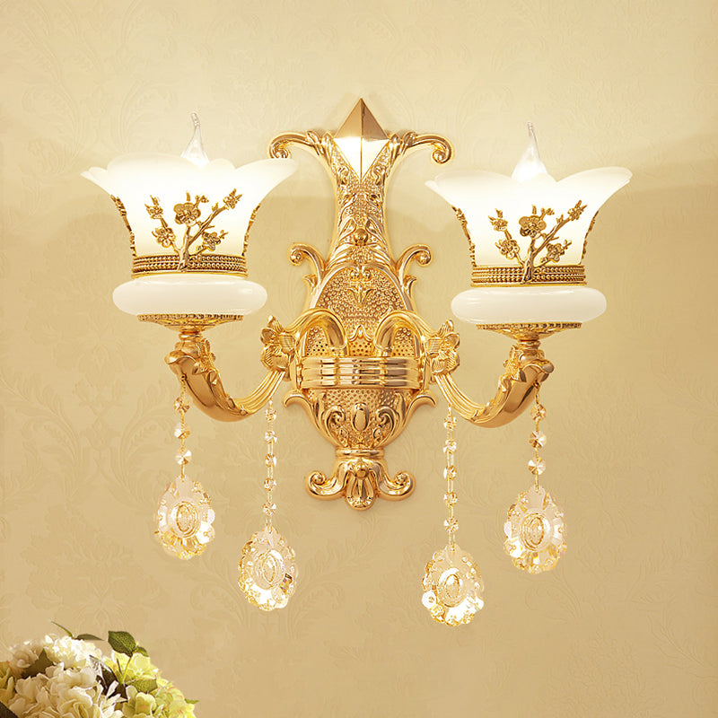 Frendorf | 1/2-Licht Gefrostete Glas Wandleuchte Mid-Century Gold Finish Blumen Nachttisch Wandleuchte
