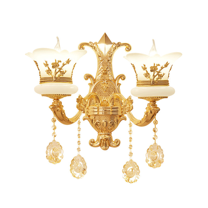 Frendorf | 1/2-Licht Gefrostete Glas Wandleuchte Mid-Century Gold Finish Blumen Nachttisch Wandleuchte