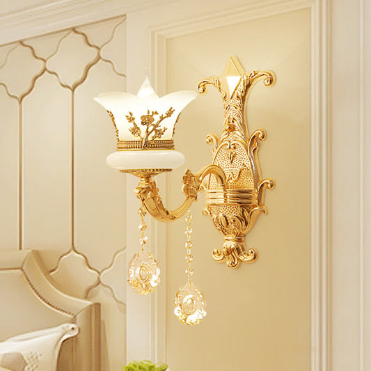 Frendorf | 1/2-Licht Gefrostete Glas Wandleuchte Mid-Century Gold Finish Blumen Nachttisch Wandleuchte