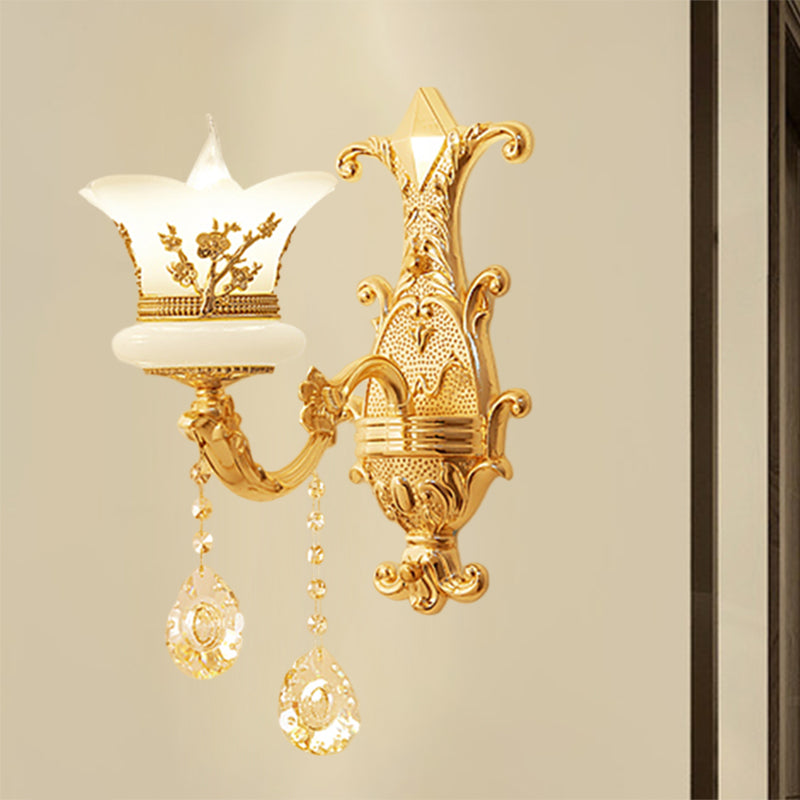 Frendorf | 1/2-Licht Gefrostete Glas Wandleuchte Mid-Century Gold Finish Blumen Nachttisch Wandleuchte