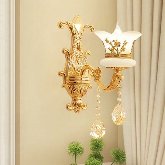 Frendorf | 1/2-Licht Gefrostete Glas Wandleuchte Mid-Century Gold Finish Blumen Nachttisch Wandleuchte