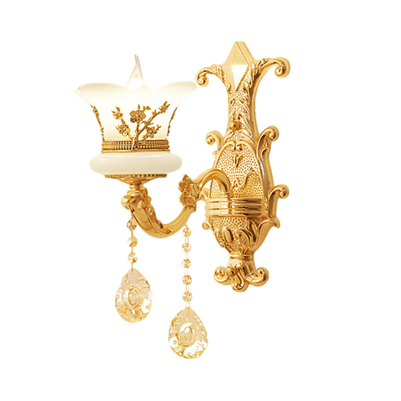 Frendorf | 1/2-Licht Gefrostete Glas Wandleuchte Mid-Century Gold Finish Blumen Nachttisch Wandleuchte