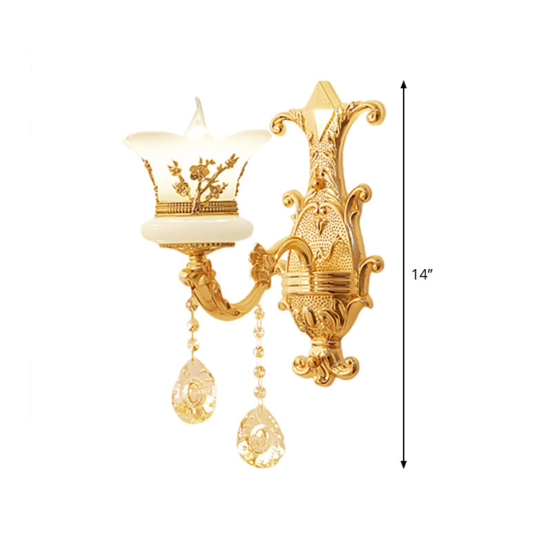 Frendorf | 1/2-Licht Gefrostete Glas Wandleuchte Mid-Century Gold Finish Blumen Nachttisch Wandleuchte