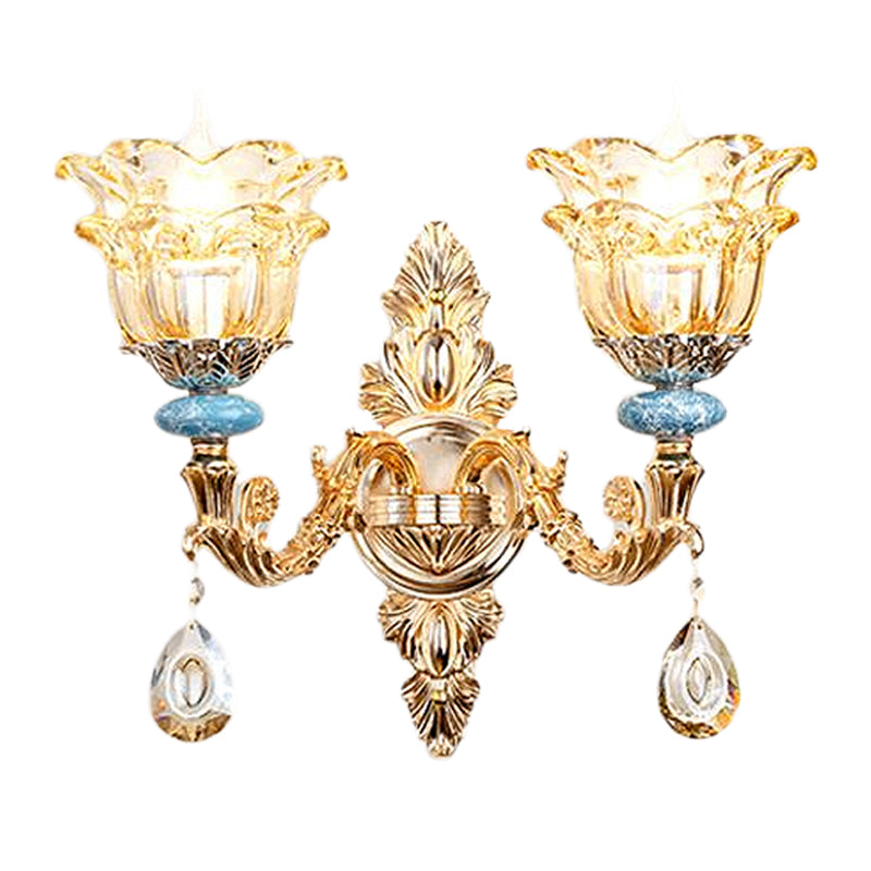 Frendorf | 2-lagige Blumen Kristall Wandlampen-Kit traditionelle 1/2-Lampe Nachttisch Wandmontage Beleuchtung in Gold