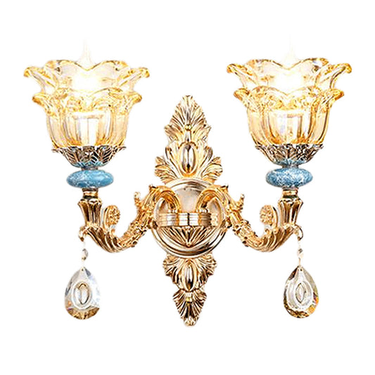 Frendorf | 2-lagige Blumen Kristall Wandlampen-Kit traditionelle 1/2-Lampe Nachttisch Wandmontage Beleuchtung in Gold