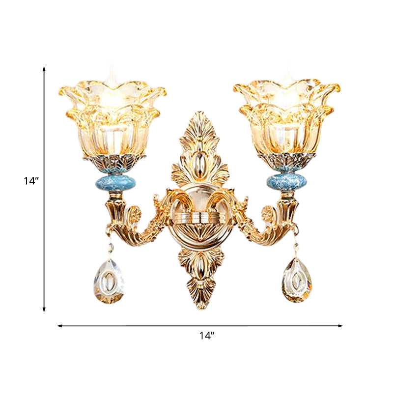 Frendorf | 2-lagige Blumen Kristall Wandlampen-Kit traditionelle 1/2-Lampe Nachttisch Wandmontage Beleuchtung in Gold