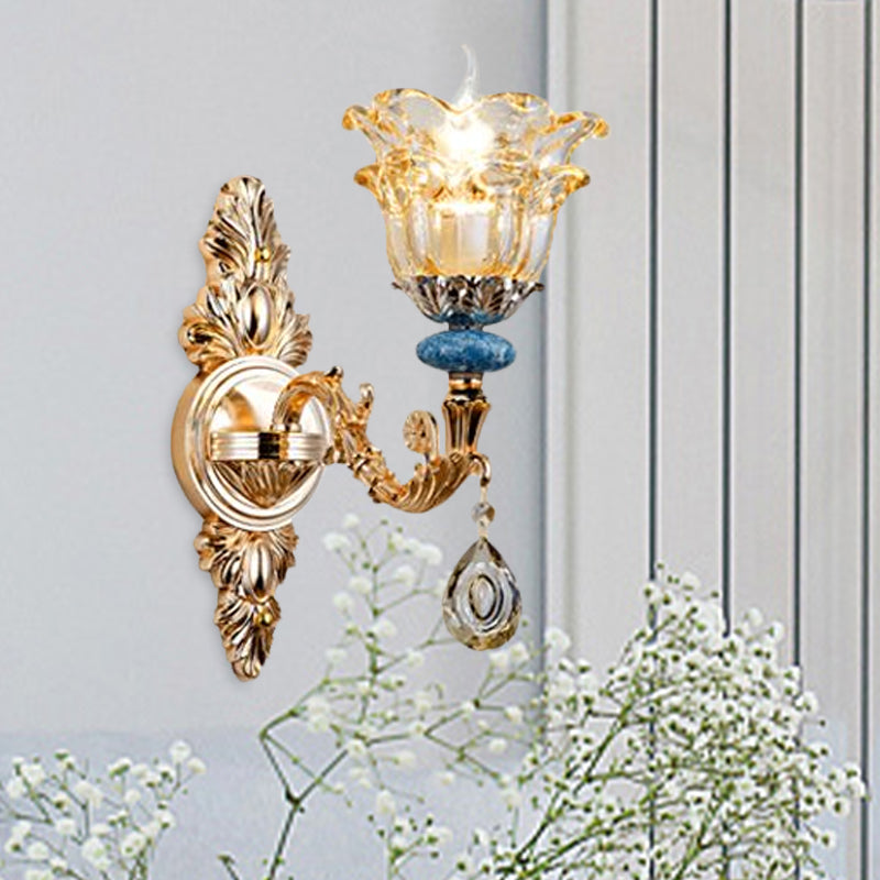 Frendorf | 2-lagige Blumen Kristall Wandlampen-Kit traditionelle 1/2-Lampe Nachttisch Wandmontage Beleuchtung in Gold